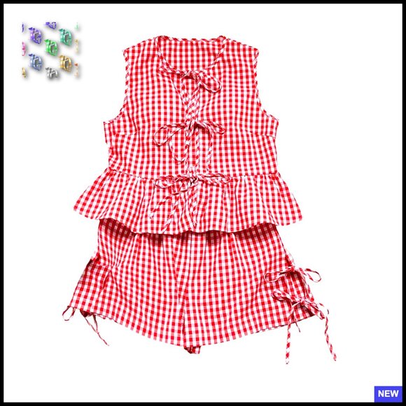 Other - Plaid Gingham Bow Tie Front Ruffle Tank Top Wide Leg Shorts Set Summer